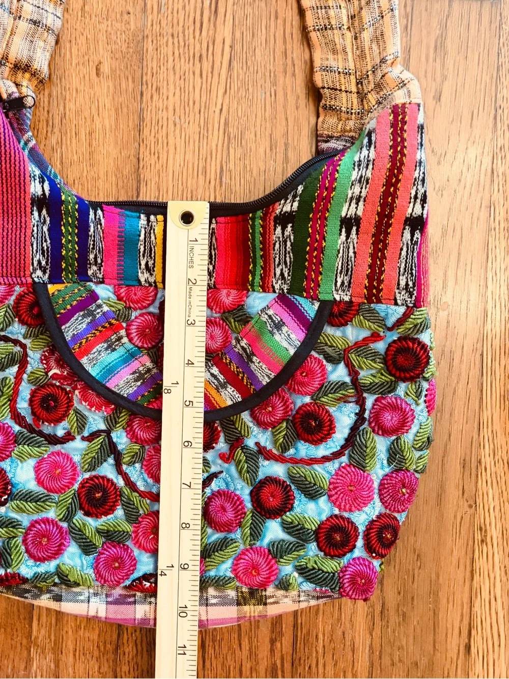 Vintage Guatemala Huipil Boho Shoulder Bag Raised Floral Embroidered Hippie